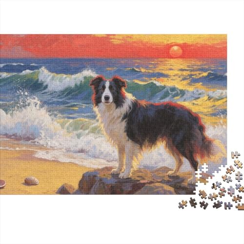 Border Collie Puzzle 1000 Teile Border Collie am Sonnenuntergangsriff, Für Kinder Classic Lernspiel Holzspielzeug Als Geschenk 1000pcs (75x50cm) von EMYXPAQM