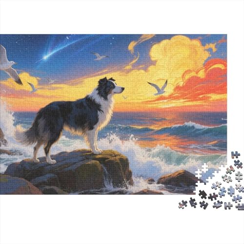 Border Collie Puzzle 1000 Teile Border Collie auf dem Strandriff, Für Kinder Classic Lernspiel Holzpuzzles Unique Gift 1000pcs (75x50cm) von EMYXPAQM
