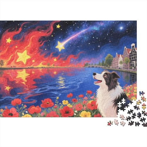 Border Collie Puzzle 1000 Teile Border Collie beobachtet Sternenhimmel am Fluss, Für Kinder Classic Pädagogisches Spiel Holzpuzzles Als Geschenk 1000pcs (75x50cm) von EMYXPAQM