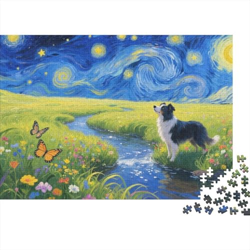 Border Collie Puzzle 1000 Teile Border Collie betrachtet Sternenhimmel am Bach, Für Kinder Classic Herausforderung Spielzeug Holzspielzeug Als Geschenk 1000pcs (75x50cm) von EMYXPAQM