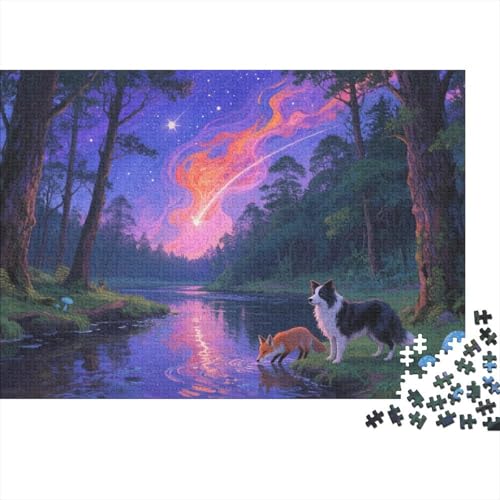 Border Collie Puzzle 1000 Teile Border Collie und Fuchs am Fluss, Für Kinder Classic Lernspiel Holzspielzeug Unique Gift 1000pcs (75x50cm) von EMYXPAQM