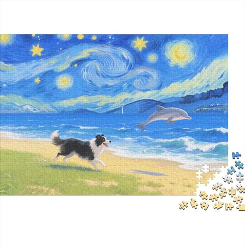 Border Collie Puzzle 1000 Teile Border Collies jagen Delfine am Strand, Für Kinder Classic Lernspiel Holzpuzzles Unique Gift 1000pcs (75x50cm) von EMYXPAQM