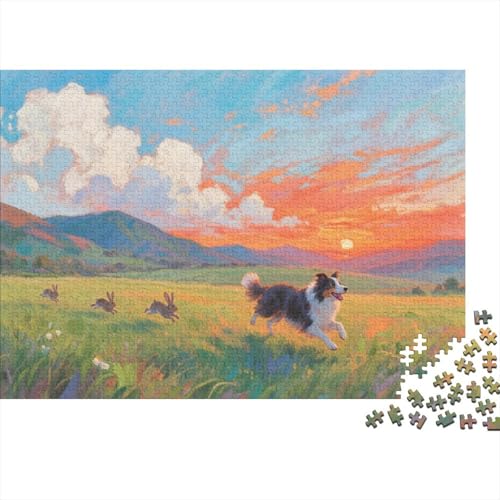 Border Collie Puzzle 1000 Teile Border Collies und Hasen rennen auf der Wiese, Für Kinder Classic Herausforderung Spielzeug Holzpuzzles Als Geschenk 1000pcs (75x50cm) von EMYXPAQM