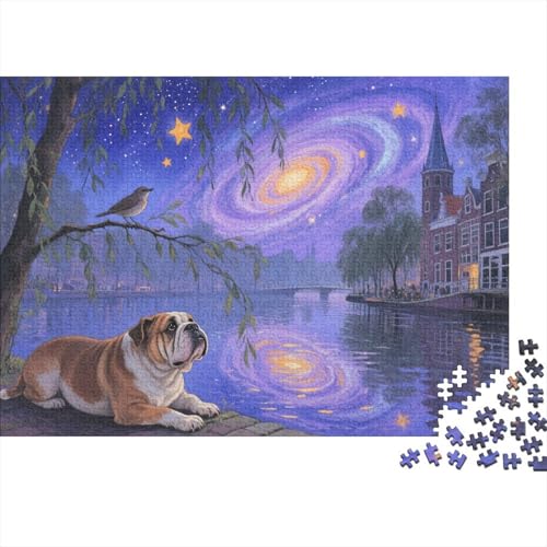 BullHund Puzzle 1000 Teile BullHundgen liegen am Kanal unter Sternen, Für Kinder Classic Herausforderndes Puzzles Holzpuzzles Unique Gift 1000pcs (75x50cm) von EMYXPAQM