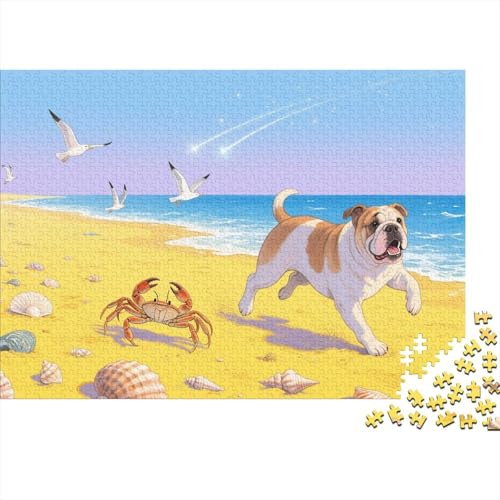 BullHund Puzzle 1000 Teile BullHundgen und Krabben am Strand, Für Kinder Classic Pädagogisches Spiel Holzspielzeug Unique Gift 1000pcs (75x50cm) von EMYXPAQM