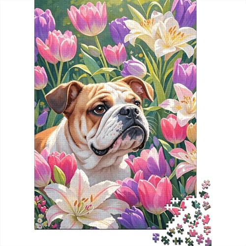 Bulldogge Üppige Blumen Puzzle 1000 Teile Holzspielzeug, Erwachsene & Kinder Ab 14 Jahren, Klassische Puzzles, Legespiel, Home Dekoration, Einzigartiges Geschenk 1000pcs (75x50cm) von EMYXPAQM