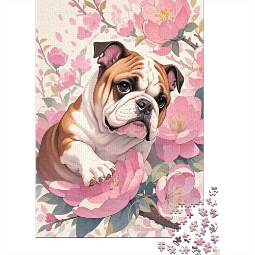 Englische Bulldogge Rote Blüten Puzzle 1000 Teile Holzspielzeug, Jugendliche & Erwachsene, Klassische Puzzles, Lernspiel, Home Dekoration, Geschenkideen 1000pcs (75x50cm) von EMYXPAQM
