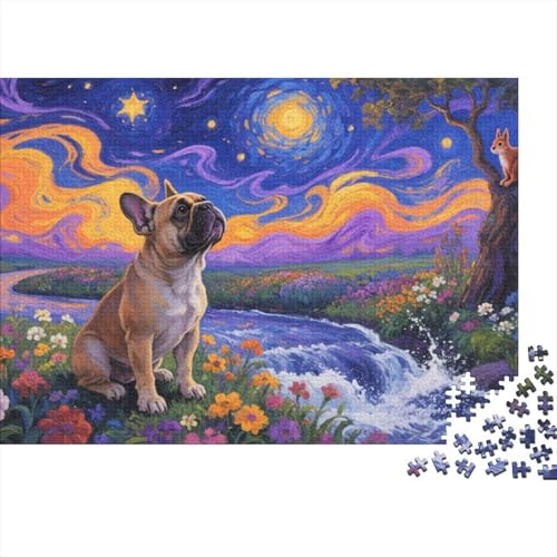 French BullHund Puzzle 1000 Teile Französische BullHundge am Bach unter Sternen, Für Kinder Classic Lernspiel Holzpuzzles Als Geschenk 1000pcs (75x50cm) von EMYXPAQM