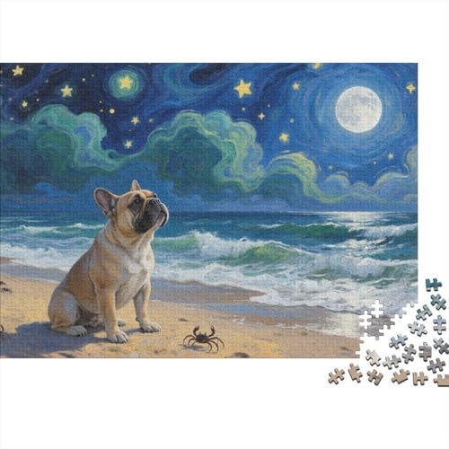 French BullHund Puzzle 1000 Teile Französische BullHundge sitzt unter Sternenhimmel am Meer, Für Kinder Classic Herausforderung Spielzeug Holzpuzzles Als Geschenk 1000pcs (75x50cm) von EMYXPAQM