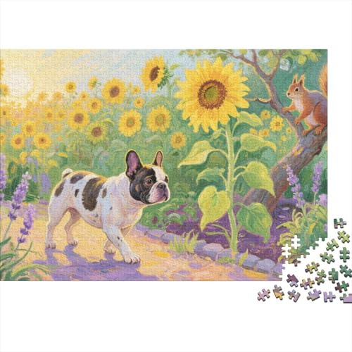 French BullHund Puzzle 1000 Teile Französische BullHundgen schlendern im Sonnenblumengarten, Für Kinder Classic Herausforderung Spielzeug Holzspielzeug Als Geschenk 1000pcs (75x50cm) von EMYXPAQM