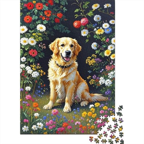 Golden Retriever Blumen Grün Puzzle 1000 Teile Holzspielzeug, Jugendliche & Erwachsene, Klassische Puzzles, Lernspiel, Home Dekoration, Geschenkideen 1000pcs (75x50cm) von EMYXPAQM