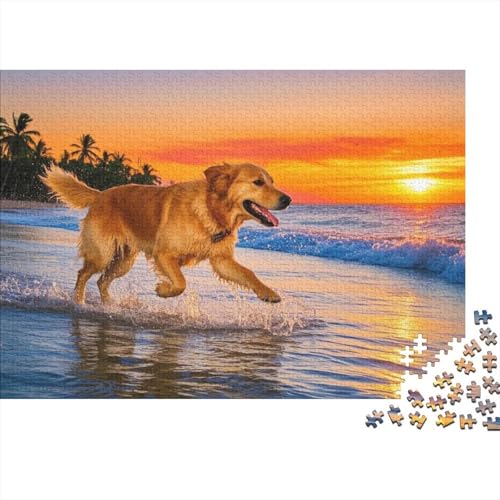 Golden Retriever Puzzle 1000 Teile Golden Retriever rennt am Strand, Für Kinder Classic Pädagogisches Spiel Holzspielzeug Unique Gift 1000pcs (75x50cm) von EMYXPAQM