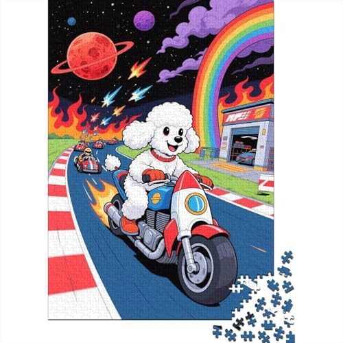 Pudel Puzzle 1000 Teile Pudel fährt Motorrad, Für Kinder Klassische Holzspielzeug Lernspiel Unique Gift 1000pcs (75x50cm) von EMYXPAQM