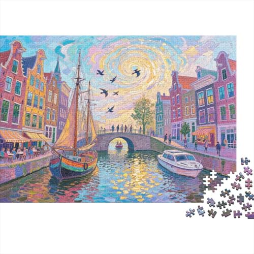 Puzzle 1000 Teile Amsterdam-Kanal mit Fußgängern Holzspielzeug Für Erwachsene & Kinder, Klassische Puzzles, Herausforderungsspielzeug, Wohnkultur, Geschenkideen 1000pcs (75x50cm) von EMYXPAQM