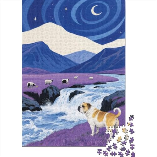 Puzzle 1000 Teile Bulldoggen Stehen auf violettem Gras, Für Kinder - Premium-Holzpuzzle & Denksportgeschenk 1000pcs (75x50cm) von EMYXPAQM