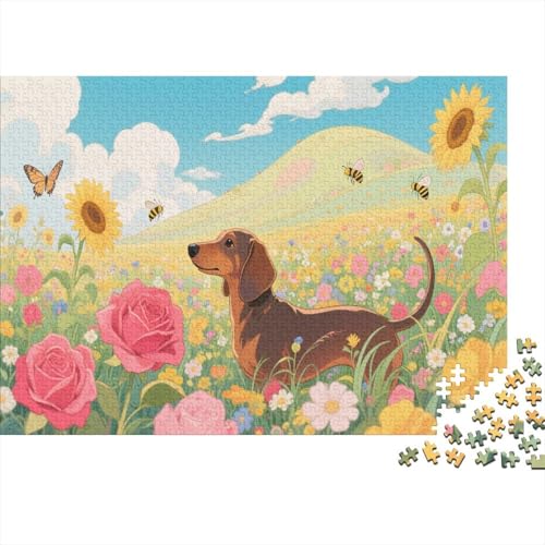 Puzzle 1000 Teile Dackel im bunten Blumenmeer, Für Kinder - Holzpuzzle Als Premium-Geschenk 1000pcs (75x50cm) von EMYXPAQM