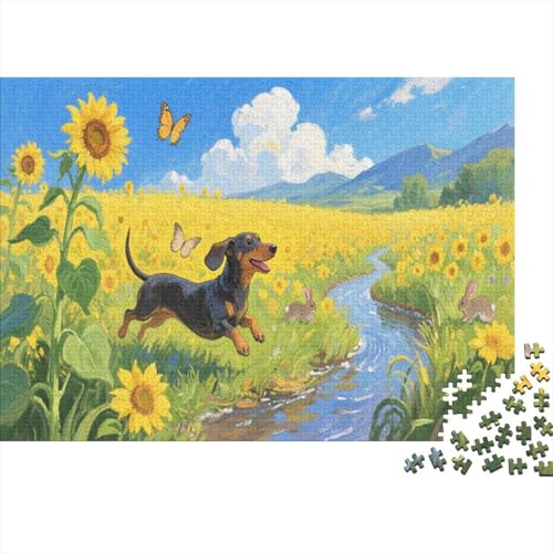 Puzzle 1000 Teile Dackel jagt im Sonnenblumenblumenmeer, Für Kinder - Lernspiel Als Familien-Geschenk 1000pcs (75x50cm) von EMYXPAQM