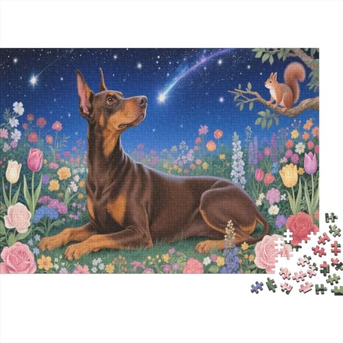 Puzzle 1000 Teile Der Dobermann-Hund liegt in einem blumengeschmückten Garten, Für Kinder Klassische Erziehung Von Kindern Holzspielzeug Als Geschenk 1000pcs (75x50cm) von EMYXPAQM
