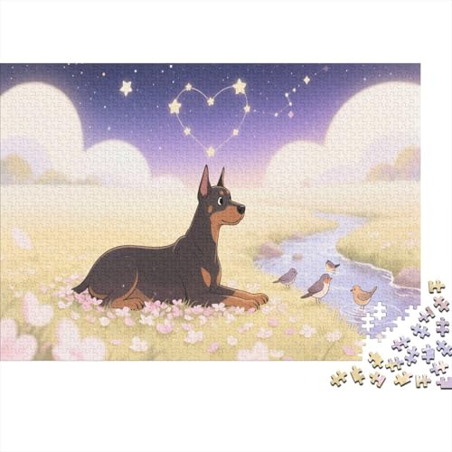 Puzzle 1000 Teile Der Dobermann liegt auf blütenbedecktem Gras, Für Kinder - Klassisches Indoor-Kreativspiel Aus Holz 1000pcs (75x50cm) von EMYXPAQM