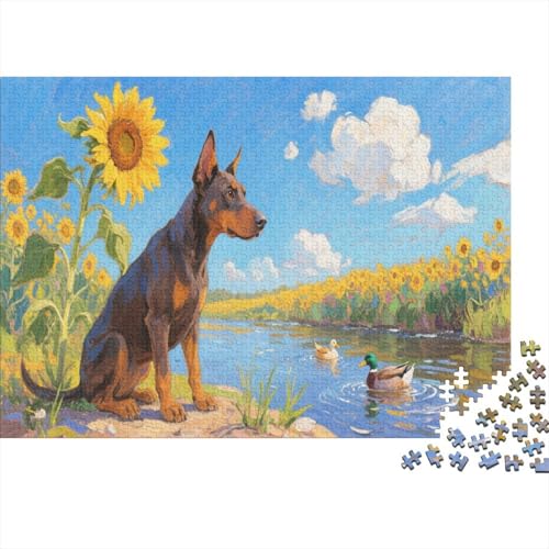 Puzzle 1000 Teile Dobermann Inu am Sonnenblumengarten beim Fluss, Für Kinder - Pädagogisches Lernspiel Aus Holz 1000pcs (75x50cm) von EMYXPAQM