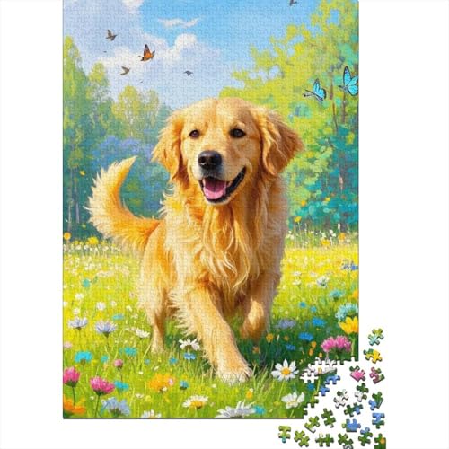 Puzzle 1000 Teile Golden Retriever läuft durch Blumen, Für Kinder Classic Herausforderndes Puzzle Holzspielzeug Unique Gift 1000pcs (75x50cm) von EMYXPAQM