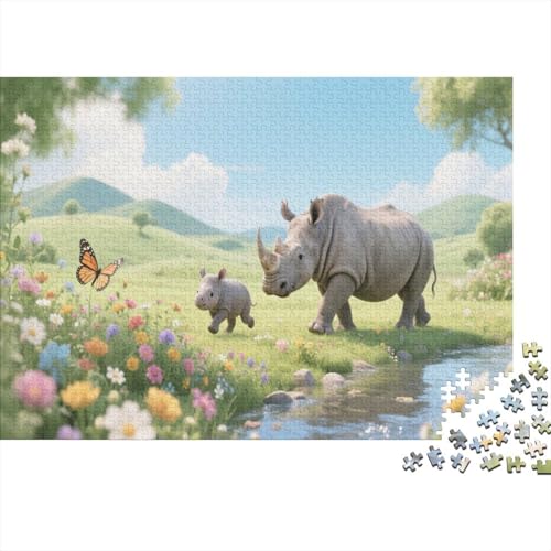 Puzzle 1000 Teile Nashornmutter und -Sohn Spielen auf der Wiese, Für Kinder Klassische Erziehung Von Kindern Holzspielzeug Unique Gift 1000pcs (75x50cm) von EMYXPAQM