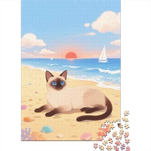 Puzzle 1000 Teile Siamkatze liegt am Strand, Für Kinder Klassische Holzpuzzles Erziehung Unique Gift 1000pcs (75x50cm) von EMYXPAQM