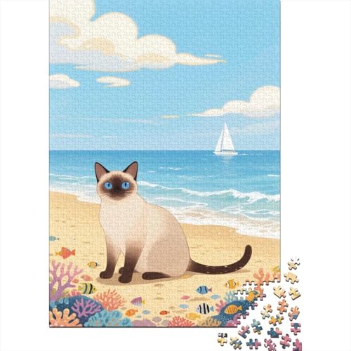 Puzzle 1000 Teile Siamkatzen am Strand des Meeres, Für Kinder - Holzpuzzle-Herausforderung Geschenkset 1000pcs (75x50cm) von EMYXPAQM