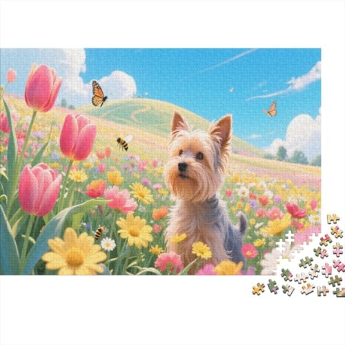 Puzzle 1000 Teile Yorkshire Terrier im bunten Blumenmeer, Für Kinder - Holzpuzzle Als Premium-Geschenk 1000pcs (75x50cm) von EMYXPAQM