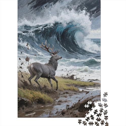 Rothirsch Wellen Wiese Puzzle 1000 Teile Holzspielzeug, Jugendliche & Erwachsene, Klassische Puzzles, Lernspiel, Moderne Wohnkultur, Geschenkideen 1000pcs (75x50cm) von EMYXPAQM