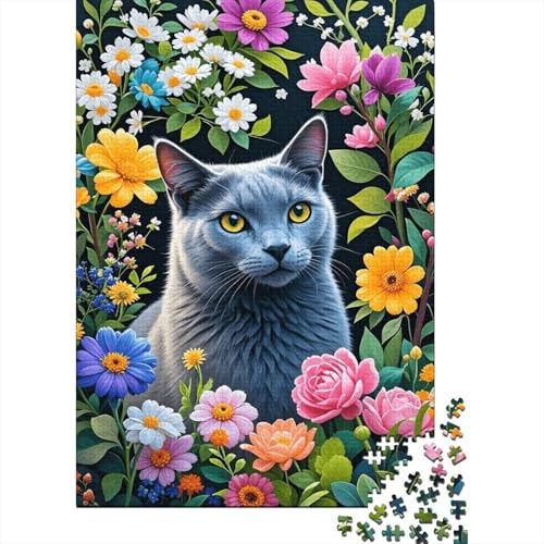 Russisch Blau Katze Blumenkreis Puzzle 1000 Teile Holzspielzeug, Jugendliche & Erwachsene, Klassische Puzzles, Lernspiel, Wohnkultur, Einzigartiges Geschenk 1000pcs (75x50cm) von EMYXPAQM