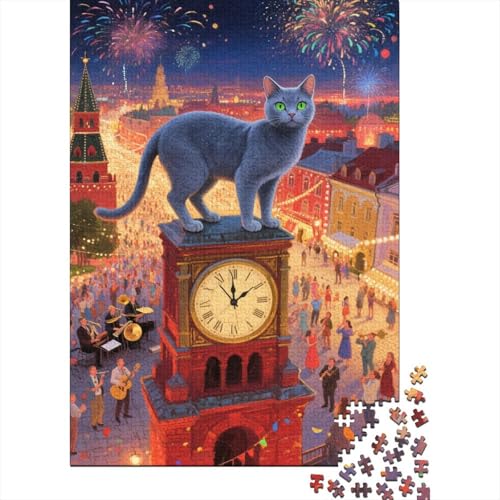 Russisch Blau Katze Uhrturmstraße Puzzle 1000 Teile Holzspielzeug, Jugendliche & Erwachsene, Klassische Puzzles, Lernspiel, Moderne Wohnkultur, Geschenk 1000pcs (75x50cm) von EMYXPAQM