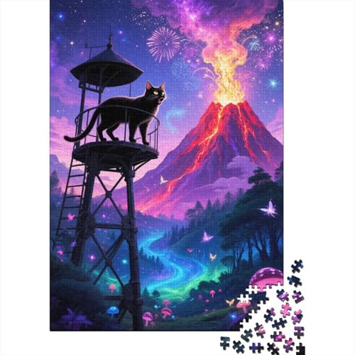 Schwarze Katze Wachturm Vulkan Puzzle 1000 Teile Holzspielzeug, Erwachsene & Kinder Ab 14 Jahren, Klassische Puzzles, Legespiel, Home Dekoration, Einzigartiges Geschenk 1000pcs (75x50cm) von EMYXPAQM