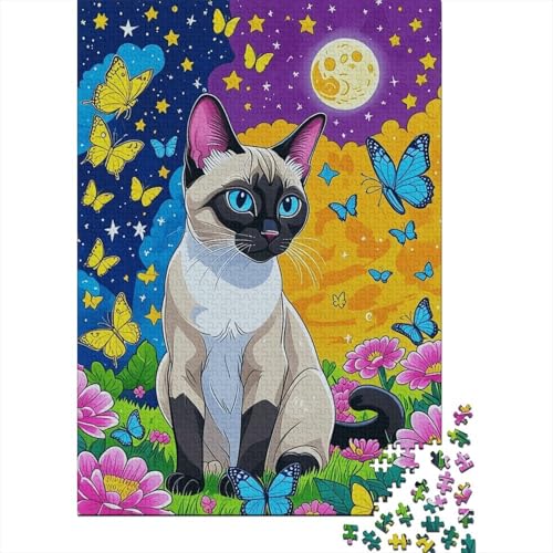 Siamkatze Puzzle 1000 Teile Siamkatzen-Blütenschmetterling, Für Kinder Klassische Holzpuzzles Lernspiel Als Geschenk 1000pcs (75x50cm) von EMYXPAQM
