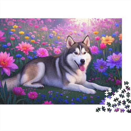 Sibirischer Husky Puzzle 1000 Teile Husky zwischen Blumen, Für Kinder Classic Herausforderndes Puzzles Holzpuzzles Unique Gift 1000pcs (75x50cm) von EMYXPAQM