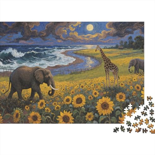 Tiere Puzzle 1000 Teile Elefanten und Giraffen im Sonnenblumenfeld, Für Kinder Classic Lernspiel Holzpuzzles Unique Gift 1000pcs (75x50cm) von EMYXPAQM
