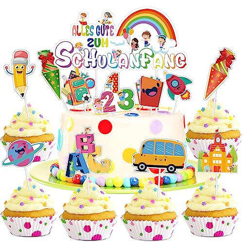 24 Stück Schulanfang Tortendeko Einschulung Cupcake Topper Dekorationen Kuchendeko Schulanfang ABC 123 Schuleinführung Kuchen Dekorationen, Für Mädchen und Junge Schulanfang Party Deko von ENAIAH