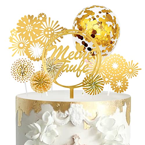 Cake Topper Taufe meine Taufe Torten Topper Tortendeko mit Feuerwerk Konfetti-Luftballons und Papierfächer Dekoration für Kommunion Taufe Junge Mädchen (Gold) von ENAIAH