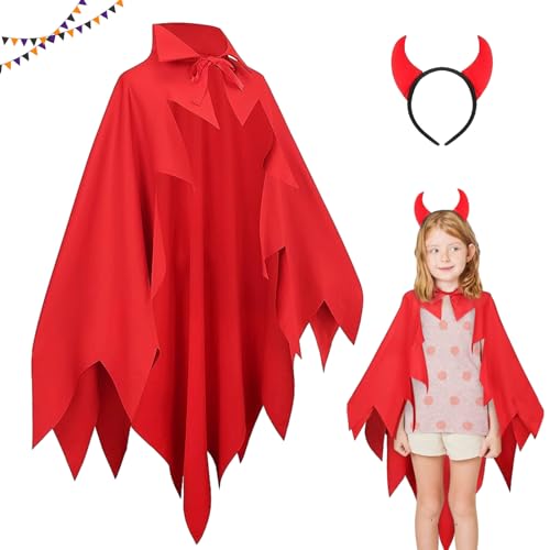 ENAIAH Teufel Kostüm Rot Teufel Umhang Teufelskostüm Halloween Kostüm Rot Teufelskostüm mit Teufelshörner Haarreif Halloween Teufelkostüm, Für Halloween, Fasching, Karneval, Cosplay Party von ENAIAH