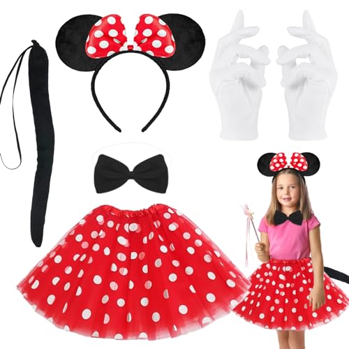 ENAIAH Maus Mouse Kostüm, 5 Stück Mädchen Maus Mouse Kostüm Set Rot Tutu + Haarreifen mit Maus Ohren + Schwarz Schleife + Handschuhe + Schwänze, Für Karneval Cosplay Fasching Motto Party von ENAIAH