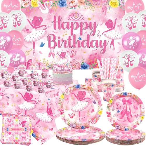 Ballerina Geburtstag Party Dekoration, Ballett Party Zubehör, Teller Tassen Servietten Tischdecke Alles Gute zum Geburtstag Hintergrund Ballons Kuchen Toppers für Mädchen Frauen Tanz Party Ballerina Geburtstag Party Dekoration, Ballett Party Zubehör, Teller Tassen Servietten Tischdecke Alles Gute zum Geburtstag Hintergrund Ballons Kuchen Toppers für Mädchen Frauen Tanz Party von ENCETARDE