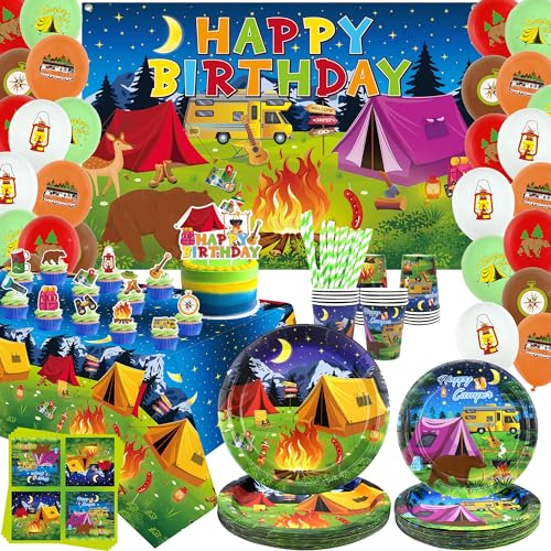 Camping Geburtstag Party Dekoration, Camping Party Geschirr, Teller Becher Servietten Camping Tischdecke Happy Birthday Hintergrund Luftballons Kuchen Topper für Junge Camper Abenteuer Lagerfeuer Camping Geburtstag Party Dekoration, Camping Party Geschirr, Teller Becher Servietten Camping Tischdecke Happy Birthday Hintergrund Luftballons Kuchen Topper für Junge Camper Abenteuer Lagerfeuer von ENCETARDE