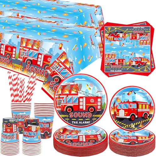 Feuerwehrwagen Party Zubehör. Feuerwehrwagen Party Geschirr Abendessen Teller Desserts Teller Tassen Servietten Tischdecke Strohhalme für LKW Baby Dusche Zubehör, serviert 40 (40) von ENCETARDE