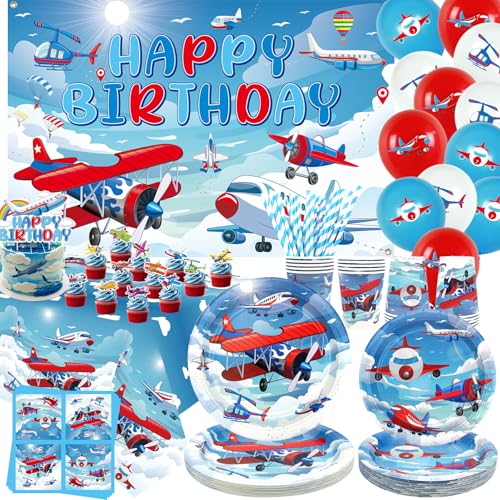 Flugzeug Geburtstag Party Dekorationen für Flugzeug Party Zubehör, Teller Tassen Servietten Tischdecke Alles Gute zum Geburtstag Hintergrund Ballon Kuchen Toppers für Flugzeug Geburtstag Party Dekorationen für Flugzeug Party Zubehör, Teller Tassen Servietten Tischdecke Alles Gute zum Geburtstag Hintergrund Ballon Kuchen Toppers für von ENCETARDE