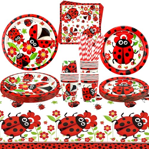 Ladybug Party Decration, Ladybug Party Geschirr, Teller Becher Servietten Tischdecke Strohhalme für Marienkäfer Geburtstag Party Supplies Baby Shower Supplies, Serves 20 von ENCETARDE