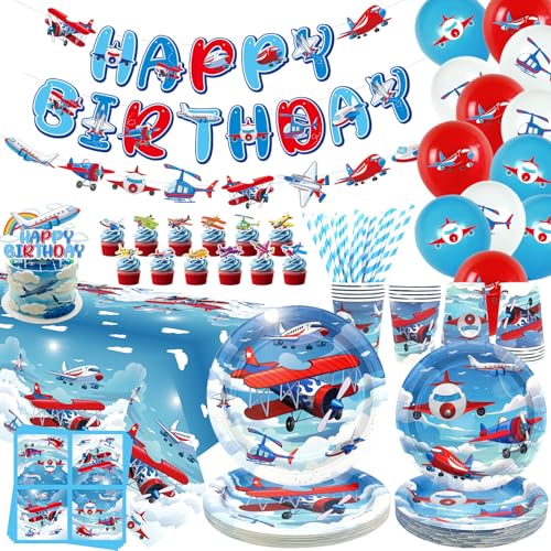 Luftfahrzeuge Geburtstag Party Dekorationen für Flugzeug Party Zubehör, Teller Tassen Servietten Tischdecke Alles Gute zum Geburtstag Banner Ballon Kuchen Toppers für Flugzeug Theme von ENCETARDE