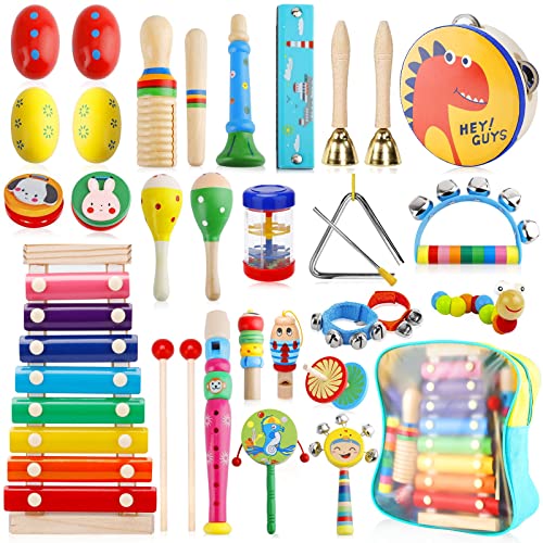 ENCOUN 33 Stück Musikinstrumente für Kinder, Musikinstrumente Musical Instruments Set, Holz Percussion Set, Xylophone für Kinder, Percussion Instrumente Kinder, Montessori Spielzeug ab 1 2 3 Jahre von ENCOUN