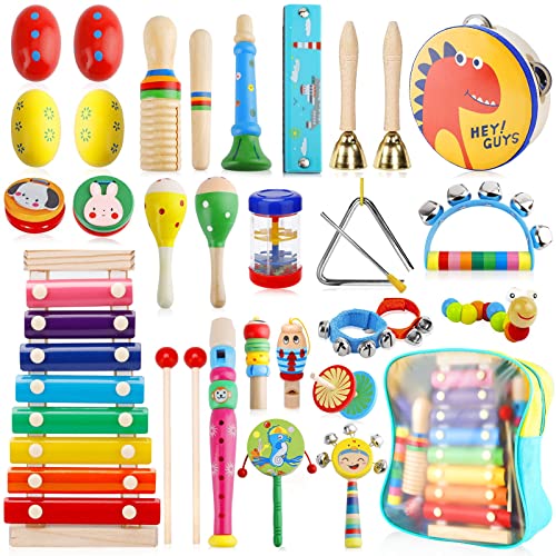 ENCOUN 33 Stück Musikinstrumente für Kinder, Musical Instruments Set, Holz Percussion Set, Xylophone, Montessori Spielzeug ab 1 2 3 Jahre von ENCOUN