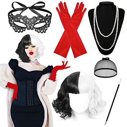 ENCOUN Cruella Kostüm Damen, 70er Jahre Accessoires, Kurze Schwarze und Weiße Perücke mit Halterung, Handschuhe, Halskette, Spitze Maske, Perückenmütze, für Halloween Kostüm Damen, Faschingskostüme ENCOUN Cruella Kostüm Damen, 70er Jahre Accessoires, Kurze Schwarze und Weiße Perücke mit Halterung, Handschuhe, Halskette, Spitze Maske, Perückenmütze, für Halloween Kostüm Damen, Faschingskostüme von ENCOUN