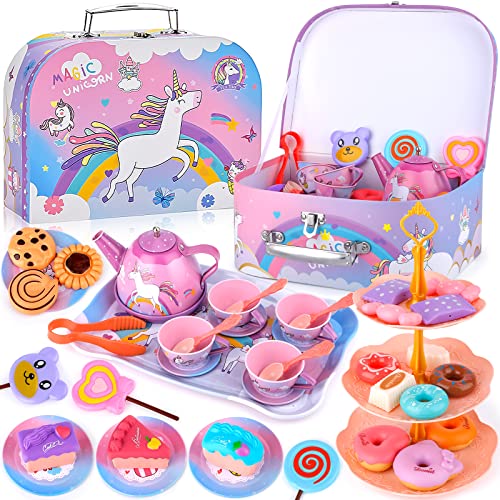 ENCOUN 48-teiliges Teeservice für Kinder - Metall-Set mit Einhorn Koffer, Tea Party und Dessert - Kinderküche für Mädchen 3-8 Jahre von ENCOUN
